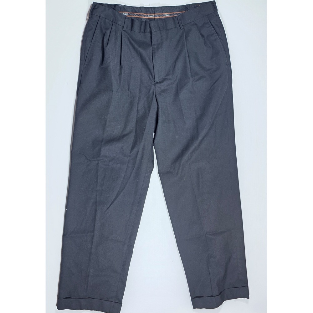 Haggar Men's Black Pleated Cuffed Wool Blend Dress Pants 38x32